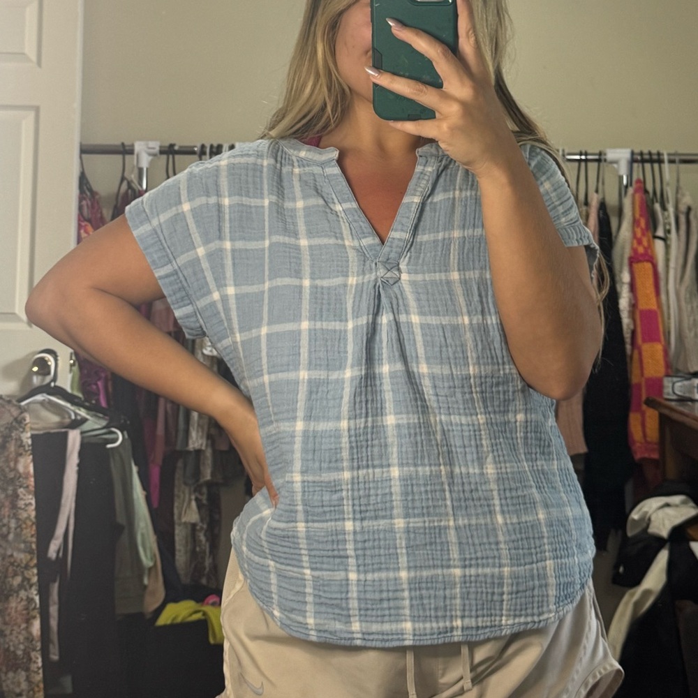 Lucky Brand Blue and White Plaid Short-Sleeve Cotton Top
